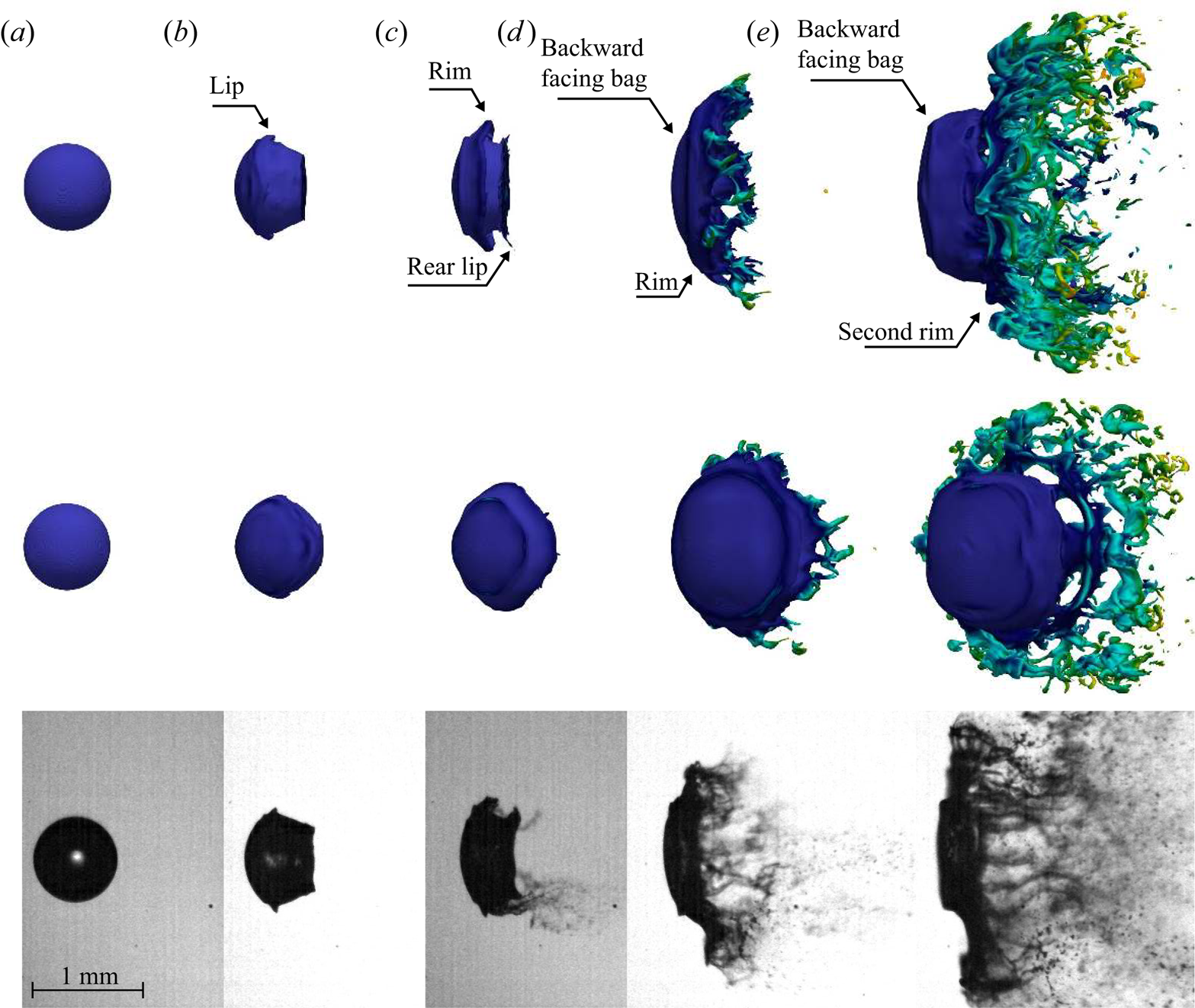 Comparison of numerical simulation and experiment for a complex flow with evolving interfaces or boundaries.