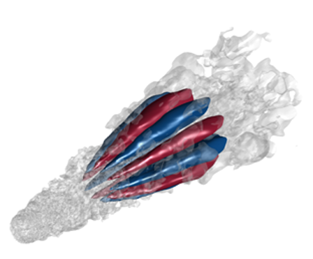 Visualization of organized flow structures within a turbulent flow.